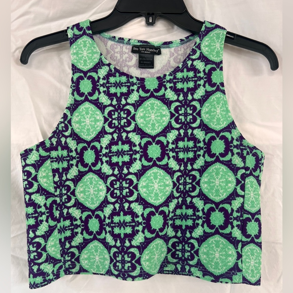 See You Monday Green and Blue Geometric Boxy Crop Tank Top - Size L